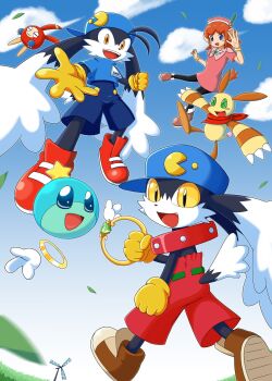 1girl 4boys absurdres animal_ears backwards_hat baggy_shorts belt black_fur blue_eyes blue_headwear blue_shirt blue_sky brown_footwear cabbit claws furry furry_male gloves green_belt hat highres holding holding_jewelry holding_ring huepow jewelry kaze_no_klonoa klonoa klonoa:_door_to_phantomile klonoa_2:_lunatea&#039;s_veil lolo_(klonoa) looking_at_viewer mohusuke monkey_ears multiple_boys open_mouth popka rabbit_boy red_footwear ring shirt shoes shorts sky slit_pupils smile tail teeth upper_teeth_only very_long_ears windmill yellow_gloves