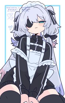 1boy apron black_bow black_jacket black_thighhighs bow closed_mouth eyepatch green_eyes grey_hair hair_bow hair_ornament highres jacket jersey_maid long_hair looking_at_viewer maid maid_apron multiple_hair_bows op_na_yarou original rigel_(op_na_yarou) simple_background thighhighs track_jacket twintails unconventional_maid white_apron