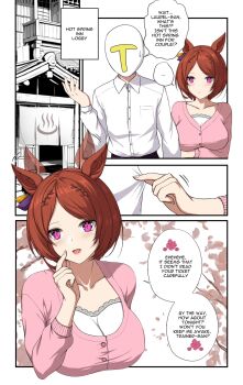 1boy 1girl animal_ears arm_under_breasts blush breasts brown_hair cardigan clip_studio_paint_(medium) collared_shirt ear_wiggle highres horse_ears large_breasts open_mouth pink_cardigan purple_eyes sakura_laurel_(umamusume) sheita shirt short_hair t-head_trainer_(umamusume) trainer_(umamusume) umamusume white_shirt