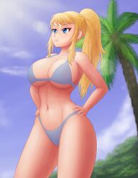 Rule 34 | 1girl, abs, ass, bad tag, beach, belly, big breasts, bikini, blonde hair, blue eyes, breasts, cleavage, cloud, day, female, female focus, hand on own hip, huge ass, huge breasts, human female, large breasts, looking at another, metroid, midriff, navel, nintendo, palm tree, ponytail, saf-404, safartwoks, safartworks, samus aran, seaside, sidelocks, swimsuit, thick thighs, thighhighs, thighs, tree, underboob, video game character, wide hips