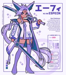 Rule 34 | 1girl, bare shoulders, boots, color guide, creatures (company), dark-skinned female, dark skin, dress, emily kim, english text, espeon, forehead jewel, game freak, gem, gen 2 pokemon, highres, holding, holding sword, holding weapon, jacket, nintendo, open clothes, open jacket, personification, pokemon, ponytail, purple dress, purple eyes, purple hair, purple jacket, purple theme, red gemstone, simple background, sleeveless, sleeveless dress, sparkle, stats, sword, thigh boots, twitter username, weapon