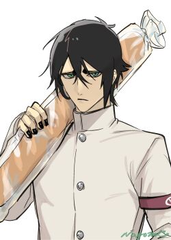 1boy baguette black_hair black_nails bleach bread buttons closed_mouth commentary food green_eyes hair_between_eyes highres hishui_prpr jacket male_focus short_hair signature simple_background solo ulquiorra_cifer untranslatable_commentary upper_body white_background white_jacket