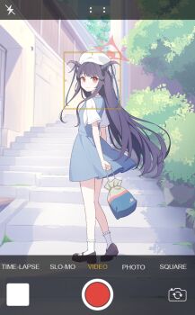 1girl arms_behind_back bag black_hair black_shoes blue_archive blue_bag blue_dress closed_mouth commentary_request demon_girl demon_horns dress from_behind fuuka_(blue_archive) fuuka_(casual)_(blue_archive) halo hat highres holding holding_bag horns long_hair nagine_11 official_alternate_costume partial_commentary red_halo shirt shoes short_sleeves sleeveless sleeveless_dress smile socks solo very_long_hair viewfinder white_hat white_shirt white_socks