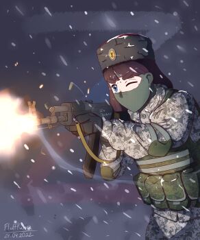 1girl absurdres assault_rifle balaclava blue_eyes brown_hair bulletproof_vest camouflage camouflage_jacket camouflage_pants chalk_writing cossack elbow_pads firing fluffkaiser fur_hat gloves gun gun_writing hat highres holding holding_gun holding_weapon jacket kalashnikov_rifle kubanka long_hair looking_ahead military one_eye_closed original pants papakha rifle russia russian_flag russian_ground_forces russo-ukrainian_war signature snow snowing solo tactical_gloves translated weapon winter_clothes z_(russian_symbol)