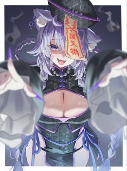 1girl :d ahoge animal_ear_fluff animal_ears bead_necklace beads black_dress black_hat black_panties blurry blurry_foreground braid braided_hair_rings breasts cat_ears cat_girl cat_tail china_dress chinese_clothes cleavage cleavage_cutout clothing_cutout commentary_request crossed_bangs double-parted_bangs dress fang ghost hair_between_eyes hair_over_shoulder hair_rings hat highres hololive jewelry jiangshi_costume large_breasts long_sleeves low_twin_braids necklace nekomata_okayu ofuda ofuda_on_head open_mouth outstretched_arms panties panty_straps pelvic_curtain pendora1022 print_dress purple_eyes qingdai_guanmao shaded_face side_up_ring skin_fang smile solo string_panties tail twin_braids underwear virtual_youtuber wide_sleeves zombie_pose