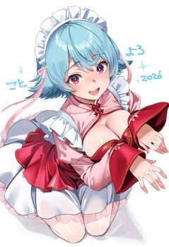 Rule 34 | 1girl, ayamo kaoru, blue hair, blush, bow, breasts, cleavage, commentary request, frilled skirt, frills, highres, kneeling, large breasts, long hair, long sleeves, looking at viewer, maid headdress, medium hair, open mouth, original, pink bow, pink shirt, red eyes, red shirt, shirt, simple background, skirt, smile, solo, two-tone shirt, white background, white skirt