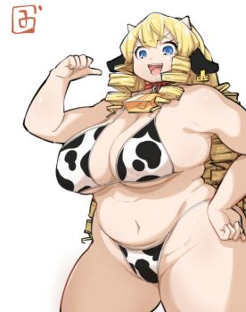 1girl animal_ears animal_print belt_collar bikini blonde_hair blue_eyes borrowed_character breasts choker cleavage collar cow_ears cow_horns cow_print cow_print_bikini cowbell drill_hair drill_sidelocks ear_tag hand_on_own_hip highres horns large_breasts long_hair mizsawa navel neck_bell open_mouth original plump pointing pointing_at_self pointing_with_thumb print_bikini red_choker sidelocks smile solo standing swimsuit thick_thighs thighs tongue white_background zuisawa