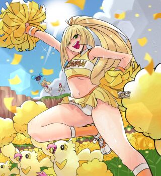 3girls absurdres arm_up beak beanie blue_sky cheering cheerleader confetti cosmog crop_top flower gen_7_pokemon green_eyes hand_on_own_hip hat highres holding holding_pom_poms knee_up legendary_pokemon lens_flare lillie_(pokemon) lusamine_(pokemon) mature_female miniskirt multiple_girls multiple_others nintendo oricorio oricorio_(pom-pom) panties pleated_skirt pokemon pokemon_(creature) pokemon_sm pom_pom_(cheerleading) pom_poms ponytail selene_(pokemon) shoes skinny skirt sky smile sneakers sun sweat underwear wanderjegson white_panties wings
