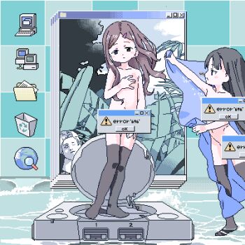 2girls arm_up bed_sheet black_eyes black_hair black_thighhighs bust_(sculpture) censored covering_breasts covering_privates desktop_(computing) error_message expressionless fine_art_parody flat_chest floating_hair folder full_body hair_ornament hairclip half-closed_eyes hand_up holding holding_sheet icon_(computing) leaf lokulo_no_mawashimono loli long_hair looking_at_another looking_at_viewer lowres multiple_girls navel no_shoes novelty_censor nude ocean original outstretched_arm parody parted_bangs recycle_bin sidelocks standing_on_object the_birth_of_venus thighhighs wading waves wind window_(computing)