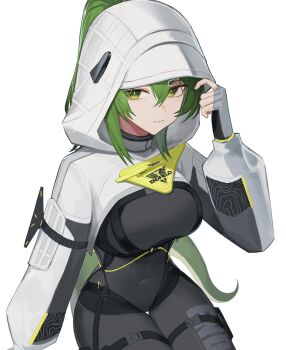 1girl arknights arknights:_endfield bajigurr bodysuit commentary covered_navel cowboy_shot double-parted_bangs endfield_industries_logo fingerless_gloves fluorite_(arknights) gloves green_hair green_tail grey_bodysuit grey_gloves hair_through_hood hashtag-only_commentary high_ponytail highres holding_hood hood hood_up looking_at_viewer ponytail shrug_(clothing) sitting smile snake_girl snake_tail solo tail white_shrug