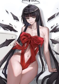 1girl absurdres arknights black_eyes black_hair black_halo black_wings commentary detached_wings english_commentary halo highres khione_(yukhione) long_hair looking_at_viewer naked_ribbon navel ribbon simple_background smile solo thighs very_long_hair virtuosa_(arknights) white_background wings