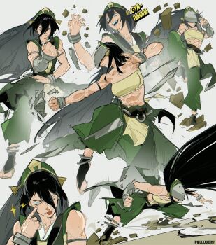 1girl :p absurdres anklet armlet avatar:_aang_the_last_airbender avatar_legends bandeau biceps black_hair blind bracelet commentary element_bending eyelid_pull geokinesis green_hairband green_pants grey_eyes hair_bun hair_down hairband highres jewelry laughing long_hair mask multiple_views muscular muscular_female pants polluxery single_hair_bun smile smirk solo tongue tongue_out toph_beifong vambraces very_long_hair wristband