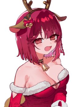 1girl animal_ears antlers atelier_(series) atelier_sophie bare_shoulders bell breasts cleavage cleavage_cutout clothing_cutout cowbell deer_ears dress horns looking_at_viewer open_mouth red_eyes red_hair reindeer_antlers ryuuno6 santa_costume santa_dress short_hair simple_background