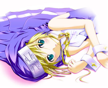 Rule 34 | 1boy, aqua eyes, bare arms, bare shoulders, blonde hair, blue veil, blue vest, blush, border, bridget (guilty gear), colored shadow, cropped torso, cross, cross print, fading border, guilty gear, guilty gear xx, guimpe, hands up, hato no hito, invisible floor, latin cross, looking up, lying, male focus, mars symbol, neck ribbon, no gloves, nun, on floor, on side, parted lips, print wrist cuffs, ribbon, shadow, shirt, sidelocks, sideways, simple background, sleeveless, sleeveless shirt, solo, trap, veil, vest, white background, white shirt, white wrist cuffs, wrist cuffs, yellow ribbon