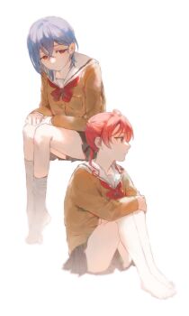aged_down barefoot blue_eyes blue_hair closed_mouth commentary crossed_bangs invisible_chair kneehighs knees_up long_sleeves looking_at_another love_live! love_live!_superstar!! neckerchief pleated_skirt red_eyes red_hair red_neckerchief sailor_collar school_uniform serafuku short_hair_with_long_locks sitting skirt socks wakana_shiki white_background yoneme_mei yumi_xsh