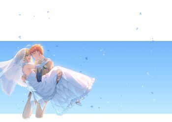 Rule 34 | 1boy, 1girl, absurdres, artoria pendragon (fate), blonde hair, blush, carrying, carrying person, commentary request, couple, dress, emiya shirou, fate/stay night, fate (series), formal clothes, happy, highres, husband and wife, jewelry, kinohal, princess carry, red hair, ring, saber (fate), smile, suit, wedding, wedding dress, wedding ring