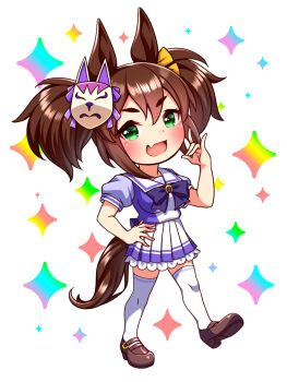 1girl animal_ears blue_eyes blush bow bowtie breasts brown_hair chibi chibi_only collarbone commentary_request fang fox_mask fox_shadow_puppet full_body green_eyes hair_between_eyes highres horse_ears horse_girl horse_tail inari_one_(umamusume) large_breasts long_hair looking_at_viewer mask mask_on_head open_mouth pleated_skirt puffy_short_sleeves puffy_sleeves purple_bow purple_bowtie purple_shirt sailor_collar sailor_shirt school_uniform shirt shoes short_sleeves skirt smile solo sugimotty_nova tail thighhighs tracen_school_uniform twintails umamusume white_sailor_collar white_skirt white_thighhighs zettai_ryouiki