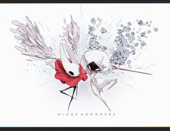 2girls chinese_commentary chromatic_aberration commentary_request dress eye_contact feathered_wings film_grain flower full_body gloved_sleeves halftone halftone_background hat highres hightguy holding holding_needle hollow_eyes hollow_knight hollow_knight:_silksong hornet_(hollow_knight) horns juliet_sleeves lace_(hollow_knight) letterboxed long_sleeves looking_at_another multiple_girls needle puffy_sleeves red_shirt rose shirt side-by-side simple_background sparkle standing standing_on_one_leg white_background white_dress white_flower white_hat white_petals white_rose white_wings wings