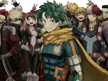Rule 34 | 4girls, 6+boys, ashido mina, asui tsuyu, bakugou katsuki, black hair, blonde hair, blue eyes, blush, bn 56s, bodysuit, boku no hero academia, breasts, brown hair, burn scar, cape, closed mouth, colored skin, commentary request, eye mask, facial hair, freckles, frog girl, glasses, green eyes, green hair, grey eyes, hagakure toru, hand on own hip, heterochromia, highres, kirishima eijiro, knee pads, light blush, looking at viewer, mask, medium breasts, midoriya izuku, multicolored hair, multiple boys, multiple girls, open mouth, pink skin, rectangular eyewear, red eyes, red hair, scar, scar on face, sero hanta, sharp teeth, short hair, simple background, smile, spiked hair, split-color hair, standing, stubble, superhero costume, teeth, todoroki shoto, two-tone hair, uraraka ochako, v, white background, white hair, yagi toshinori, yellow cape
