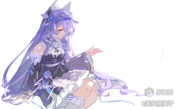 1girl absurdres animal_ears bare_shoulders cat_ears cat_girl check_copyright closed_mouth copyright_request detached_sleeves dress feet_out_of_frame frilled_dress frills hand_up heiyi_mataozi highres long_hair long_sleeves mihuashi_username original pink_eyes purple_dress purple_hair sample_watermark simple_background sitting sleeveless sleeveless_dress socks solo watermark white_background white_socks wide_sleeves