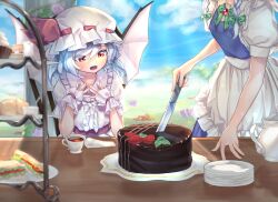 Rule 34 | 2girls, apron, ascot, bat wings, blue hair, brooch, cake, cake slice, chair, chocolate cake, commentary request, cream puff, cup, cupcake, fangs, food, frilled apron, frills, green ribbon, grey hair, hair ribbon, happy, hat, holding, holding knife, izayoi sakuya, jewelry, knife, maid, mob cap, multiple girls, open mouth, out of frame, plate, plate stack, puffy short sleeves, puffy sleeves, purple hair, ramekin, red eyes, remilia scarlet, ribbon, sandwich, scone, short hair, short sleeves, sidelocks, sitting, standing, strawberry shortcake, table, tea, teacup, teapot, tiered tray, touhou, tray, tress ribbon, waist apron, wankosoba (wanwan soba), white apron, wings, wooden table, wrist cuffs