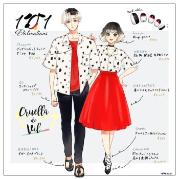 101_dalmatians 1boy 1girl black_hair coat cruella_de_vil eyeshadow fur_coat genderswap grey_eyeshadow looking_at_viewer makeup meecosme multicolored_hair red_lips shirt short_hair smile split-color_hair two-tone_hair white_hair