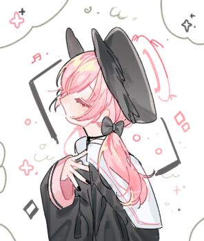 1girl beret black_hat black_nails black_shirt black_wings blue_archive closed_eyes feathered_wings flat_chest halo hat head_wings highres koharu_(blue_archive) low_wings nagakiras2 open_mouth pink_hair pink_halo sailor_collar sailor_shirt shirt simple_background solo twintails upper_body wings