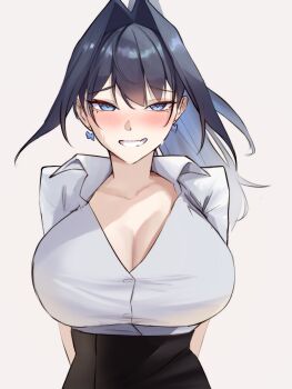 1girl absurdres arms_behind_back bikini black_hair black_skirt blue_eyes blue_hair blush bow bow_earrings breasts cleavage commentary earrings english_commentary grey_background hair_intakes highres hololive hololive_english jewelry large_breasts long_hair looking_at_viewer multicolored_hair nurizza_ilst ouro_kronii pencil_skirt shirt skirt smile solo swimsuit two-tone_hair virtual_youtuber white_background wing_collar