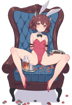 1girl ahoge alcohol animal_ears armchair bottle bound bound_arms bow bowtie breasts brown_hair chair cigar commentary_request cup detached_collar drinking_glass expressionless fake_animal_ears full_body headgear high_heels highleg highleg_leotard highres leotard looking_at_viewer orange_eyes playboy_bunny poker_chip rabbit_ears red_leotard rope short_hair sitting small_breasts solo spread_legs touhoku_kiritan tray voiceroid yamamomo_(plank)