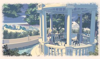 1girl alice_(megami_tensei) blonde_hair blue_dress building chair closed_mouth cloud demon_(megami_tensei) dress edoya_inuhachi full_body hairband long_hair looking_at_viewer puffy_sleeves shin_megami_tensei solo standing table town tree water yellow_eyes