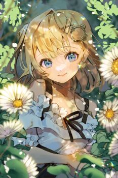 1girl bare_shoulders blonde_hair blue_eyes blurry closed_mouth dappled_sunlight day depth_of_field earrings flower frilled_shirt frills hair_ornament hairclip hashtag-only_commentary heart heart_earrings highres hololive hololive_english jewelry key key_necklace leaf light_blush light_particles looking_at_viewer nachoz_(nachozart) necklace off-shoulder_shirt off_shoulder one_side_up outdoors shirt short_hair short_sleeves smile solo sunlight upper_body virtual_youtuber watson_amelia watson_amelia_(street_casual) white_flower white_shirt