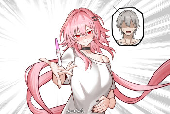 1boy 1girl absurdres artist_name black_choker black_nails blush bonz0616 breasts caelus_(honkai:_star_rail) choker closed_mouth collarbone commentary evernight_(honkai:_star_rail) fingernails grey_hair hair_between_eyes hair_intakes hair_ornament hairclip hand_on_own_stomach highres honkai:_star_rail honkai_(series) looking_at_viewer march_7th_(honkai:_star_rail) medium_breasts nail_polish no_eyes parallel_hairclips parody pink_hair pregnancy_test red_eyes scene_reference shirt single_bare_shoulder single_off_shoulder smile solo_focus sweat trailblazer_(honkai:_star_rail) upper_body white_background white_shirt