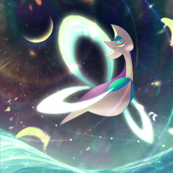 bright_pupils commentary_request cresselia floating full_body gen_4_pokemon green_eyes highres legendary_pokemon moon nintendo no_humans omega_takai open_mouth pokemon pokemon_(creature) solo star_(sky) white_pupils