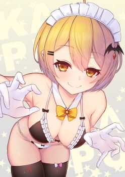 1girl ahoge bare_shoulders bat_hair_ornament bikini black_bikini black_thighhighs blonde_hair blush bow bow_bikini breasts brown_eyes brown_hair cleavage closed_mouth collar commentary_request cowboy_shot detached_collar fang fang_out female_focus frilled_bikini frills gloves gradient_hair groin hair_between_eyes hair_ornament hairclip heart heart-shaped_pupils highres hololive large_breasts leaning_forward maid maid_bikini maid_headdress micro_bikini multicolored_hair navel skindentation smile solo star_(symbol) star_symbol_background swimsuit symbol-shaped_pupils text_background thighhighs unconventional_maid virtual_youtuber white_collar white_gloves yellow_bow yoshiheihe yozora_mel