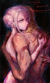 Rule 34 | 1boy, 1girl, back, bare arms, bare back, bare shoulders, blonde hair, closed mouth, commentary request, completely nude, couple, cursive, dimitri alexandre blaiddyd, dimitri alexandre blaiddyd (timeskip), double bun, edelgard von hresvelg, edelgard von hresvelg (timeskip), fire emblem, fire emblem: three houses, from behind, hair bun, hair up, hands on another's stomach, hetero, highres, hug, korean commentary, malloniumer, muscular, muscular male, nintendo, nude, purple eyes, sex, shade, standing, upper body