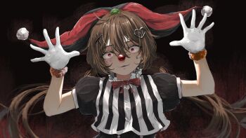 1girl :3 absurdres arms_up black_shirt bow bowtie broken_heart broken_heart_hair_ornament brown_hair clown_nose commentary crazy_eyes english_commentary evil_neuro-sama facial_mark gloves hair_between_eyes hair_ornament hat heart highres jester_cap kan1360 long_hair looking_at_viewer low_twintails neuro-sama parted_lips puffy_short_sleeves puffy_sleeves red_bow red_bowtie red_eyes red_hat red_nose shirt short_sleeves short_twintails simple_background skirt solo star_(symbol) stuffed_animal stuffed_toy teardrop_facial_mark turtle twintails upper_body vedal_ai virtual_youtuber white_gloves x_(symbol) x_facial_mark x_hair_ornament