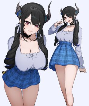1girl ;d absurdres asymmetrical_horns black_choker black_hair blue_hair blue_skirt breasts choker cleavage commentary daydarion english_commentary flower grey_shirt highres hololive hololive_english horn_flower horns large_breasts long_hair looking_at_viewer multicolored_hair multiple_views nerissa_ravencroft one_eye_closed open_mouth pink_eyes shirt shirt_tucked_in simple_background skirt smile thighs twintails uneven_horns v virtual_youtuber white_background