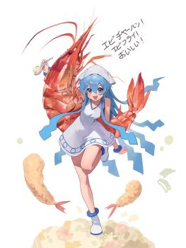 1girl blue_eyes blue_hair bracelet breasts coloringday dress food fried_rice full_body hair_between_eyes hat highres holding holding_spoon ikamusume jewelry long_hair looking_at_viewer open_mouth shinryaku!_ikamusume shoes shrimp shrimp_tempura simple_background sleeveless sleeveless_dress small_breasts smile solo spoon squid_hat standing standing_on_one_leg tempura tentacle_hair translation_request v-shaped_eyebrows very_long_hair white_background white_dress white_hat white_shoes