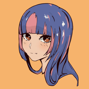 1girl blunt_bangs closed_mouth fang highres long_hair looking_at_viewer orange_background original portrait post_(shake_shakepost) red_eyes shark_kuma-chan_(shake_shakepost) simple_background solo