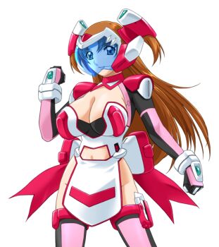 1girl armor blue_eyes breasts brown_hair cleavage clothing_cutout game_cg gan-chan_(artist) gloves headgear helmet hitozuma_sentai_aisaiger large_breasts large_variant_set long_hair looking_at_viewer magical_girl morisaki_miku navel navel_cutout no_panties non-web_source official_art pelvic_curtain pink_thighhighs saiger_rose smile solo thighhighs transparent_background two_side_up variant_set