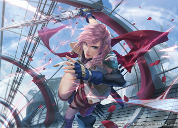 1girl armor asymmetrical_hair blazefire_saber blue_eyes cape copyright_notice fighting_stance final_fantasy final_fantasy_xiii fingerless_gloves gloves gunblade lightning_farron magic:_the_gathering official_art petals pink_hair rose_petals running serious shiyuu_(shiyu) shoulder_armor solo weapon