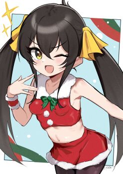 :d absurdres black_hair black_pantyhose breasts christmas commentary_request fur_trim hair_between_eyes highres idolmaster idolmaster_cinderella_girls long_hair matoba_risa midriff miniskirt navel nyubebe one_eye_closed open_mouth pantyhose santa_costume sidelocks skirt small_breasts smile snow twintails yellow_eyes