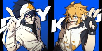 Rule 34 | 2boys, absurdres, aotu world, aslet, bandana, black gloves, black hair, black pants, black shirt, black shorts, blonde hair, blue background, blue eyes, character name, chinese commentary, commentary request, drawstring, english text, fingerless gloves, gloves, grin, hair between eyes, hand on own hip, hand up, headband, highres, hood, hood down, hooded jacket, hoodie, implied yaoi, jacket, king (aotu world), looking at viewer, male focus, multicolored hoodie, multiple boys, open mouth, pants, pointing, pointing up, pointy ears, print headband, purple eyes, ray (aotu world), shirt, short hair, short sleeves, shorts, simple background, smile, star (symbol), star print, teeth, turtleneck, two-tone background, upper body, w, white gloves, white headband, white hoodie, white jacket