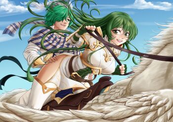 1boy 1girl absurdres anander0 arm_guards armor bent_over blue_sky bracer breastplate cloud commission commissioner_upload couple elbow_gloves erinys_(fire_emblem) fire_emblem fire_emblem:_genealogy_of_the_holy_war gloves grabbing_another's_ass grabbing_from_behind green_eyes green_gloves green_hair groping hair_over_one_eye headscarf hetero highres holding holding_reins horseback_riding lewyn_(fire_emblem) long_hair looking_at_another looking_at_viewer nintendo open_mouth outdoors pegasus popped_collar reins riding saddle scarf shoulder_armor side_slit sitting skirt sky smile striped_clothes striped_scarf thighhighs thighs torso_grab white_armor wings