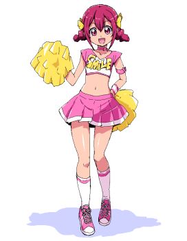 1girl armband bow bow_choker cheerleader choker clothes_writing commentary cone_hair_bun crop_top double_bun full_body hair_bow hair_bun hand_on_own_back hand_up hoshizora_miyuki looking_at_viewer midriff miniskirt navel open_mouth pink_armband pink_bow pink_choker pink_eyes pink_hair pink_shirt pink_shoes pink_skirt pleated_skirt pom_pom_(cheerleading) precure shirt shoes short_hair simple_background skirt smile smile_precure! sneakers socks solo standing uraki white_background white_socks wristband yellow_bow