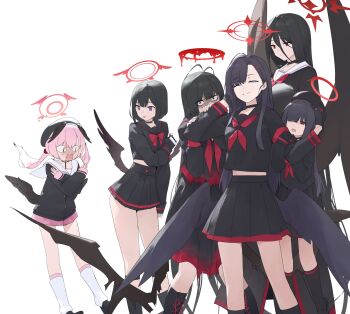 &lt;|&gt;_&lt;|&gt; 6+girls ;) absurdres armband bags_under_eyes black_choker black_gloves black_hair black_serafuku black_wings blue_archive blush bow bowtie choker dokshuri feathered_wings flying_sweatdrops glaring gloves hair_between_eyes halo hashtag-only_commentary hasumi_(blue_archive) highres ichika_(blue_archive) justice_task_force_(blue_archive) justice_task_force_member_(blue_archive) koharu_(blue_archive) long_hair_between_eyes looking_at_another looking_at_viewer mashiro_(blue_archive) melting_halo midriff miniskirt mole mole_under_eye multiple_girls neckerchief nose_blush one_eye_closed pink_hair red_armband red_bow red_bowtie red_eyes red_halo red_neckerchief school_uniform serafuku simple_background skirt smile tsurugi_(blue_archive) undone_neckerchief white_background wings