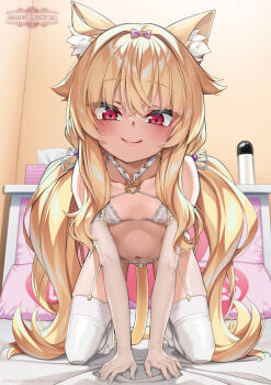 1girl all_fours animal_ear_fluff animal_ears artist_request bed blonde_hair bottle bow bra breasts cat_ears cat_girl cat_tail commentary_request elbow_gloves garter_straps gloves hair_bow highres indoors little_witch_nobeta long_hair looking_at_viewer lotion_bottle low_twintails navel no_shoes nobeta official_art panties pillow pink_bow pink_ribbon red_eyes ribbon small_breasts smile solo stomach tail thighhighs thighs tissue tissue_box toes twintails underwear underwear_only very_long_hair white_bra white_gloves white_panties white_thighhighs yes-no_pillow