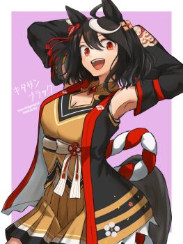 1girl absurdres ahoge animal_ears arms_behind_head black_hair breasts cleavage commentary_request cowboy_shot dated detached_sleeves hair_ornament highres horse_ears horse_girl horse_tail kitasan_black_(umamusume) looking_at_viewer medium_breasts multicolored_hair open_mouth orange_eyes pleated_skirt short_hair skirt smile solo streaked_hair tail twitter_username umamusume umibudou