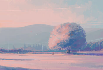 1girl bench chinese_commentary commentary_request day field from_side morncolour mountainous_horizon muted_color original outdoors power_lines scenery sky standing tree utility_pole very_wide_shot