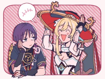 +++ 1boy 1girl ^_^ arm_cutout armor bare_shoulders black_bodysuit black_eyes black_gloves black_hat black_kimono black_sleeves black_veil blonde_hair blue_feathers blue_trim blunt_ends blush bodysuit border borrowed_character breasts bright_pupils cleavage closed_eyes closed_mouth clothing_cutout detached_sleeves dress facing_another feather_hair_ornament feathers fingernails flower genshin_impact gloves gold gold_trim hair_flower hair_ornament half-closed_eyes halterneck hand_on_own_face hands_up hat japanese_armor japanese_clothes jewelry jingasa juban kimono kote kurokote layered_sleeves looking_at_another lumine_(genshin_impact) mitsudomoe_(shape) neck_ring open_hand partially_fingerless_gloves pink_background purple_eyes purple_rope purple_sleeves red_hat red_kimono rope scaramouche_(genshin_impact) scarf shimenawa short_hair short_hair_with_long_locks short_sleeves sidelocks single_sode speech_bubble striped_background taka35_35 tassel tomoe_(symbol) triangle_mouth two-tone_hat vambraces veil white_border white_dress white_flower white_kimono white_pupils white_rope white_scarf wispy_bangs